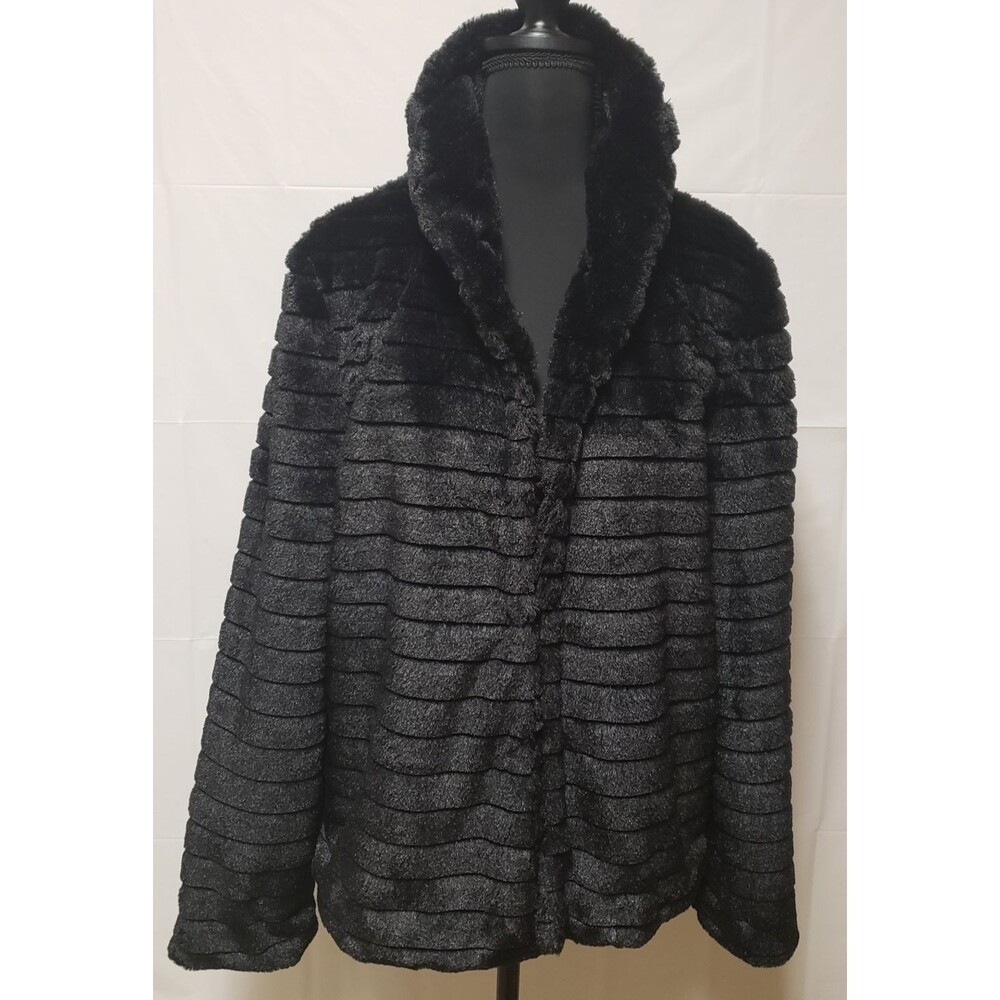 Laura Ashley Faux Fir Black Women's Jacket Open Front Hook Fully Lined Sz L PO E